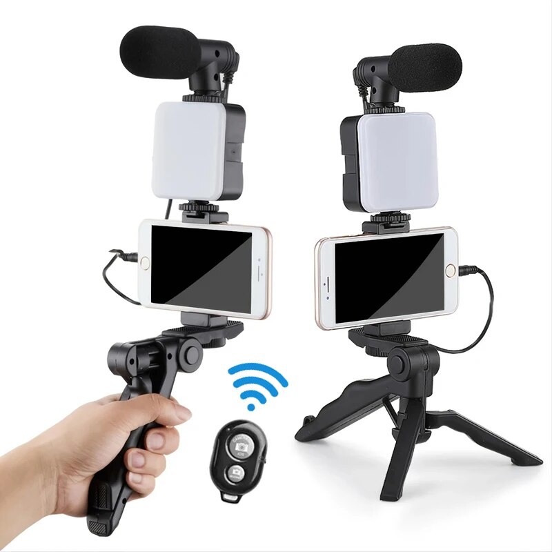 Youtube Phone Accessories - สมาร์ทโฟน Vlogging ชุดขาตั้งกล้องผู้ถือโทรศัพท์มินิไมโครโฟน LED เติมแสง Starter