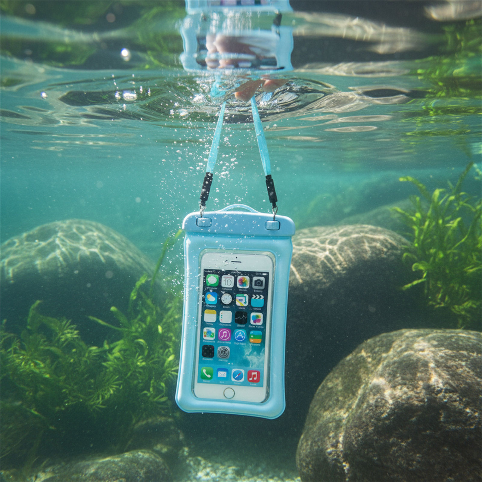 Phone Accessories For Men - กระเป๋าโทรศัพท์กันน้ำสีน้ำเงินดำ วัสดุ PVC โปร่งใส รองรับการสัมผัสหน้าจอ เหมาะสำหรับการว่ายน้ำ